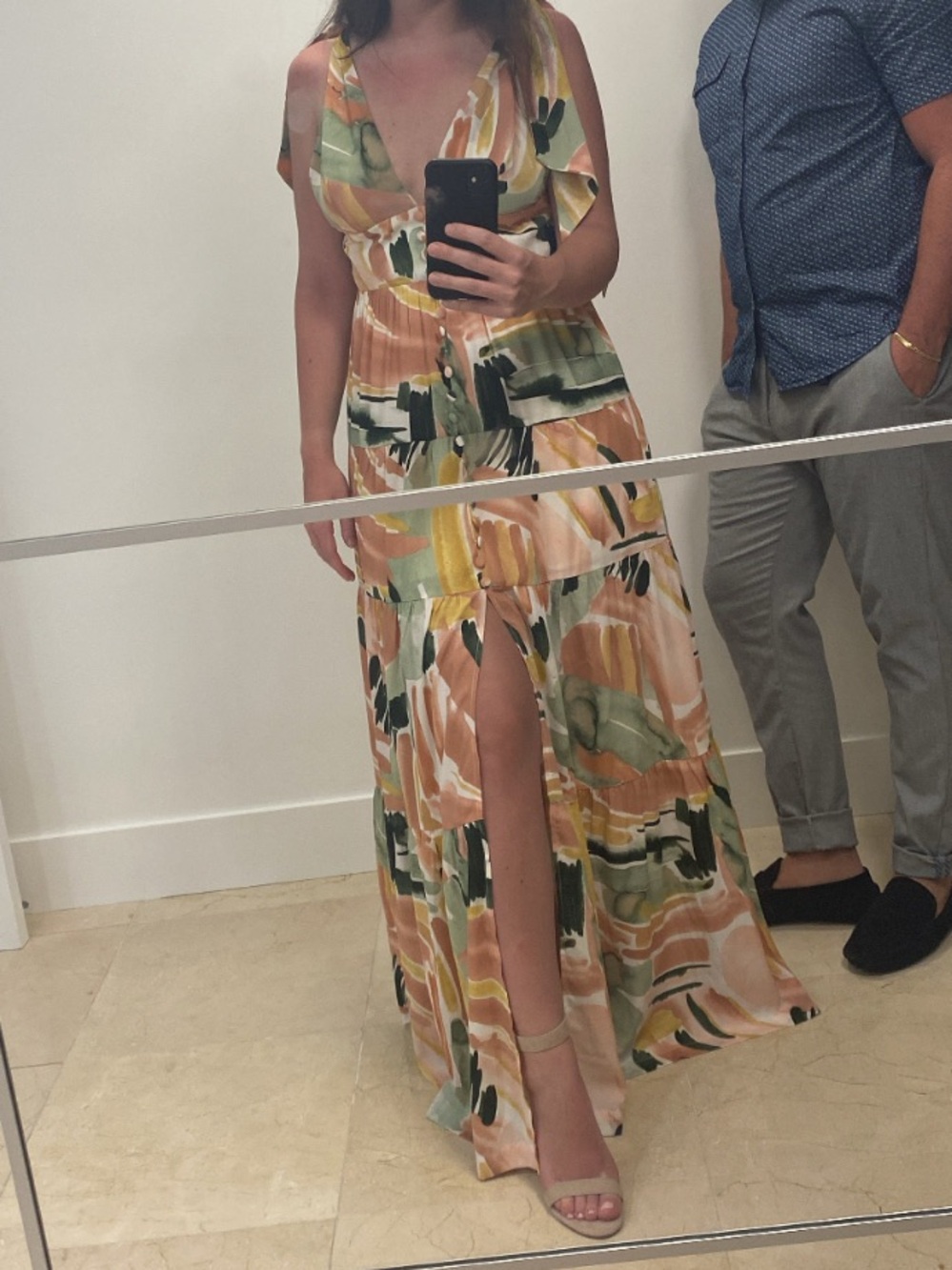 Abstract Print Maxi Dress with Front Slit - Peach & Green